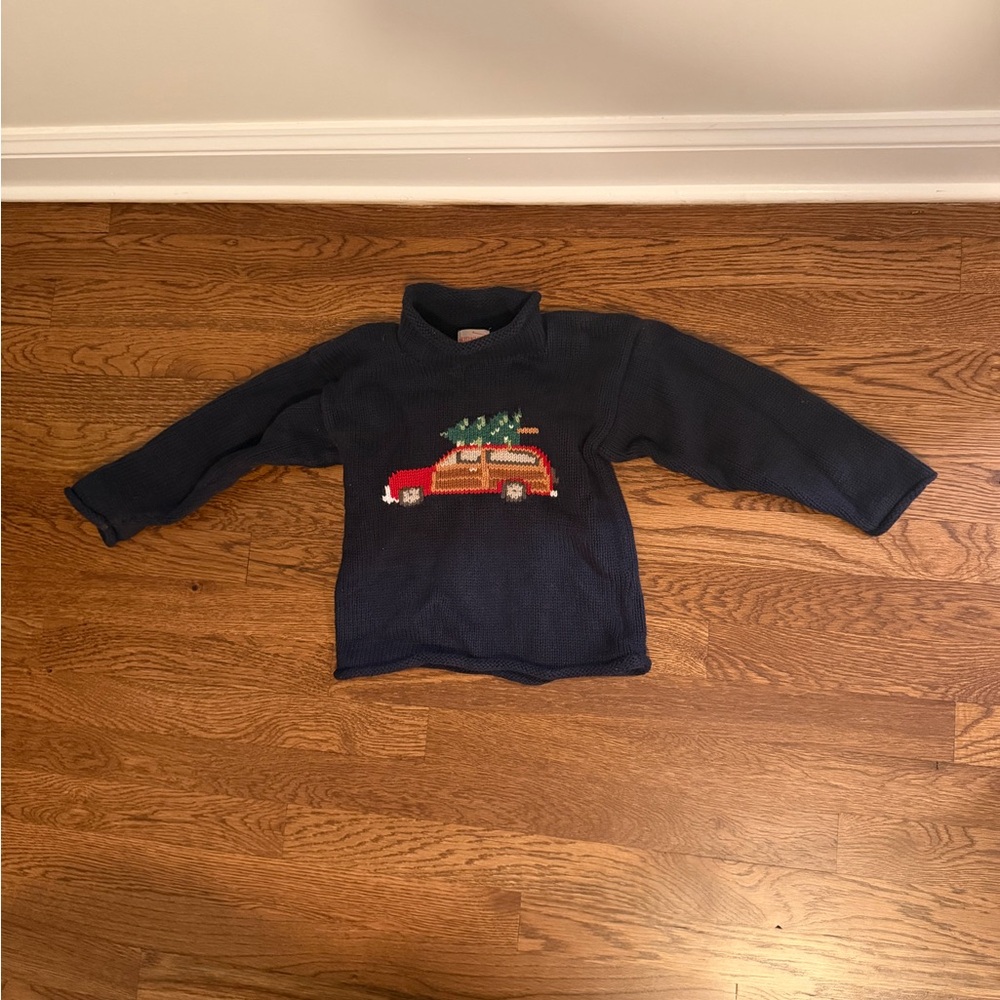 Navy Roll Neck Christmas Tree Woodie Wagon Sweater! Size 6